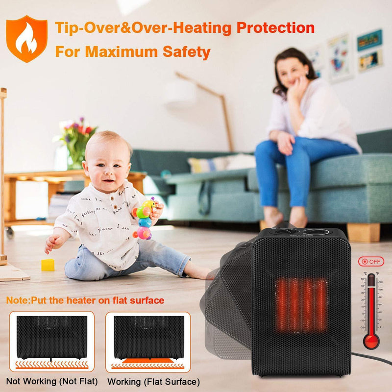 Soulcker Space Heater, Portable Heater With 750W/1500W Power Setting, 2 Seconds Heat-up, Tip-over and Over-heat Protection, Ceramic Small Space Heater for Office, Home, Indoor Use - Black