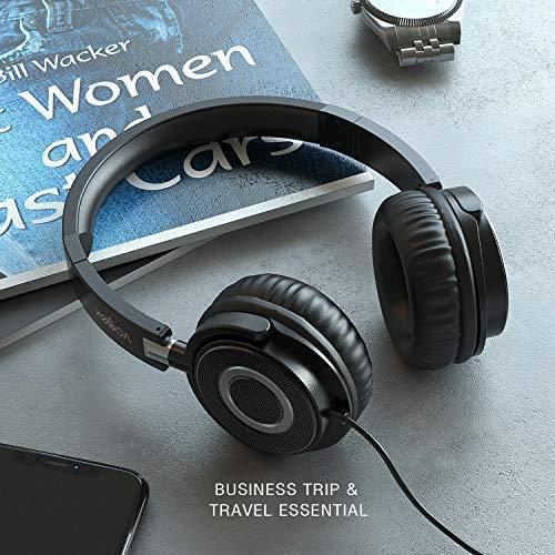 Vogek On Ear Headphones with Mic, Lightweight Portable Fold-Flat Stereo Bass Headphones with 1.5M Tangle Free Cord and Microphone-Black