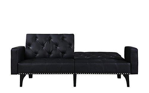 Modern Tufted Bonded Leather Sleeper Futon Sofa with Nailhead Trim in White, Black (Black)