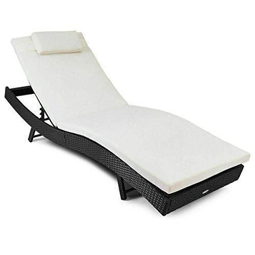 Tangkula Outdoor Patio Chaise Lounge Chair Ergonomic Shape Handwoven Outdoor Patio Pool Furniture with Heavy Padded Non-Slip Cushions Backrest Adjustable Wicker Chaise Lounger