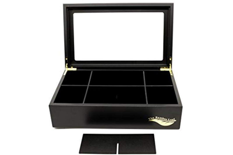 The Bamboo Leaf Wooden Tea Storage Chest Box with 8 Compartments and Glass Window (Black)