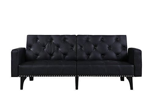 Modern Tufted Bonded Leather Sleeper Futon Sofa with Nailhead Trim in White, Black (Black)