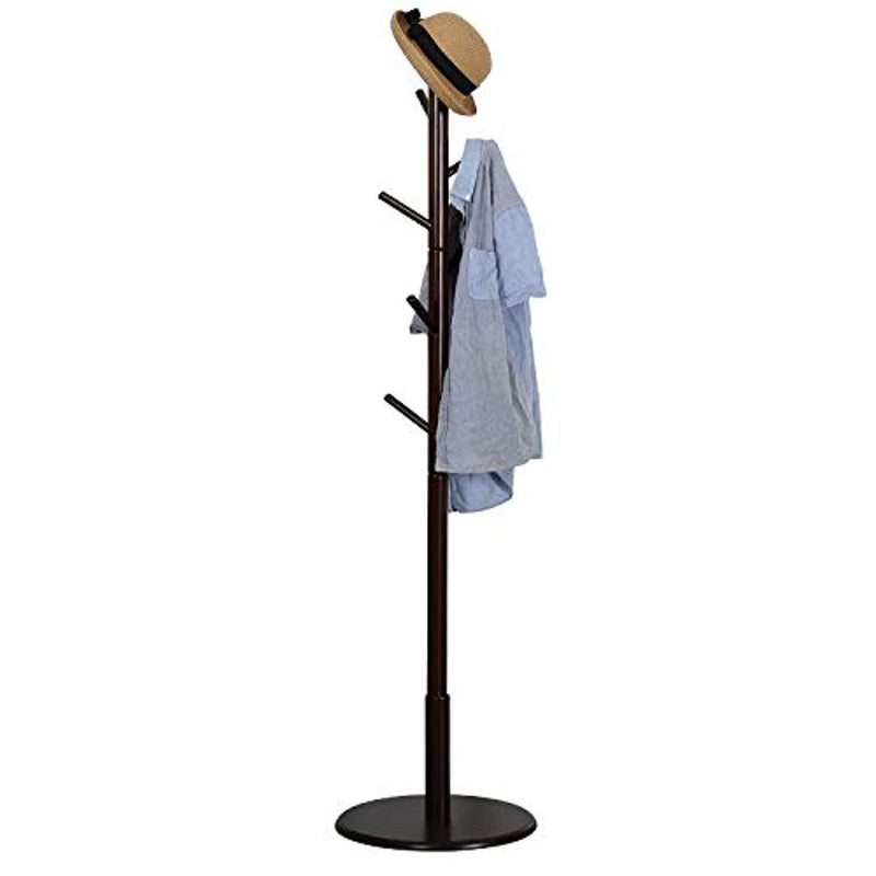 Vlush Sturdy Wooden Coat Rack Stand, Entryway Hall Tree Coat Tree with Solid Round Base for Hat,Clothes,Purse,Scarves,Handbags,Umbrella-(8 Hooks,Dark Brown)