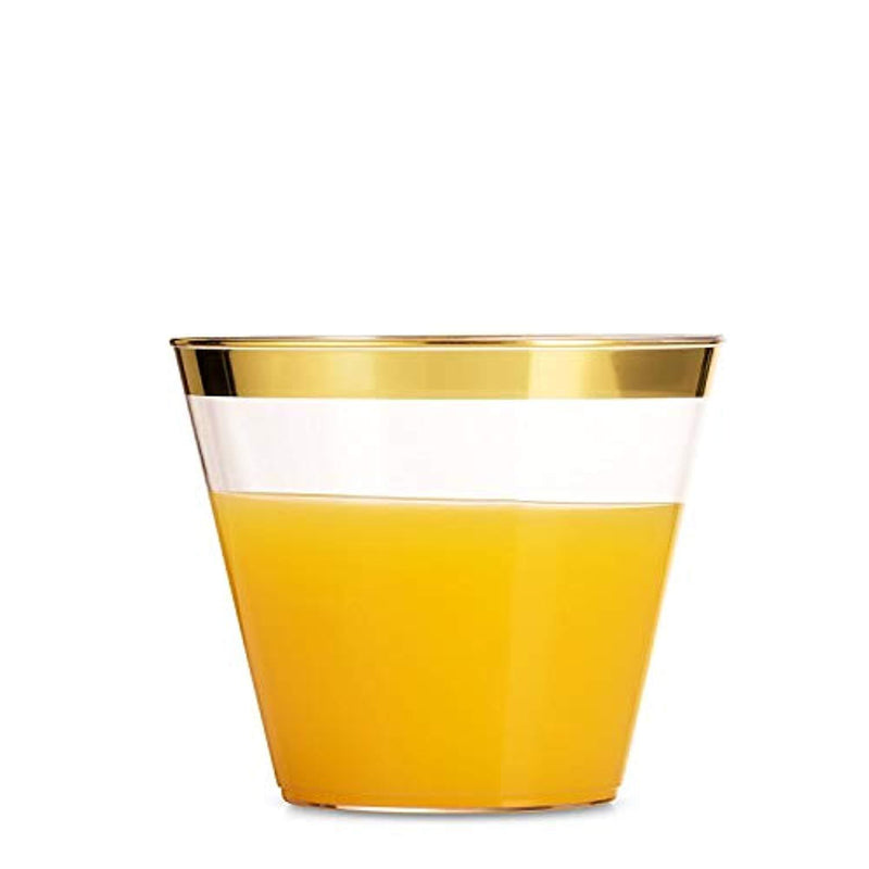110 Gold Plastic Cups 9 Ounce - Elegant Disposable Clear Gold Rimmed Tumbler - Fancy Heavy Duty - Wedding Party Decoration Glasses with Gold Trim - Elegant Old Fashioned