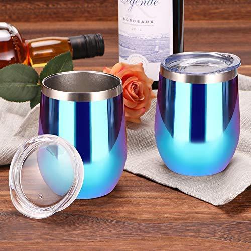 12 oz Double-Insulated Stemless Glass, Stainless Steel Tumbler Cup with Lids for Wine, Coffee, Drinks, Champagne, Cocktails, 2 Sets (Black)