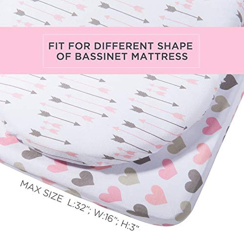 Momcozy Universal Bassinet Sheets Set 2 Pack for Girls, Soft & Breathable 100% Cotton, Fitted Elastic Design, Pink Heart & Arrows, Fits Oval Halo, Chicco Lullago, Arms Reach, Ingenuity