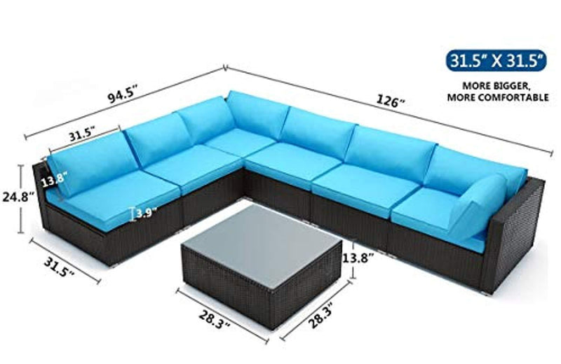 "Tribesigns 7 Piece Outdoor Patio PE Rattan Wicker Sofa, Extra Large Size 31.5’’ x189’’ Sectional Conversation Couch Outdoor Furniture Set with Coffee Table for Garden Poolside (Turquoise) "