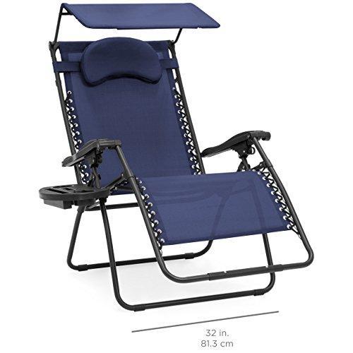 Best Choice Products Oversized Zero Gravity Reclining Lounge Patio Chair w/Folding Canopy Shade and Cup Holder - Navy