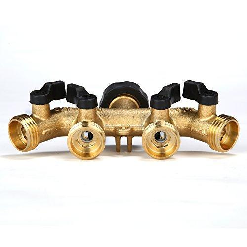 GLORDEN Heavy Duty Brass 4 Way Hose Manifold Garden Hose Splitter Connector with Comfort Grip(Give Away 7 Small Accessories)