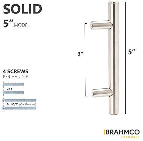 30 Pack | 5" Solid Brushed Nickel T Bar Cabinet Pulls: 3" inch Hole Center | Brahmco 320-5 Modern Euro Style Stainless Steel Kitchen Cabinet Hardware/Dresser Drawer Handles