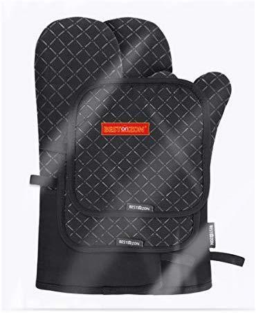 KeShi Kitchen Oven Mitts Set, Oven Mitts and Pot Holders, Heat Resistant with Quilted Cotton Lining, Non-Slip Surface 4 Pieces for Cooking, Baking, Grilling, Barbecue (Gray)