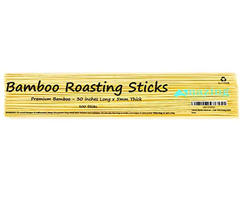 Bamboo Marshmallow Smores Roasting Sticks 30 Inch 5mm Thick Extra Long Heavy Duty Wooden Skewers, 100 Pieces. Perfect for Hot Dog Kebab Sausage Veggies 100% Biodegradable. Great Campfire Accessories