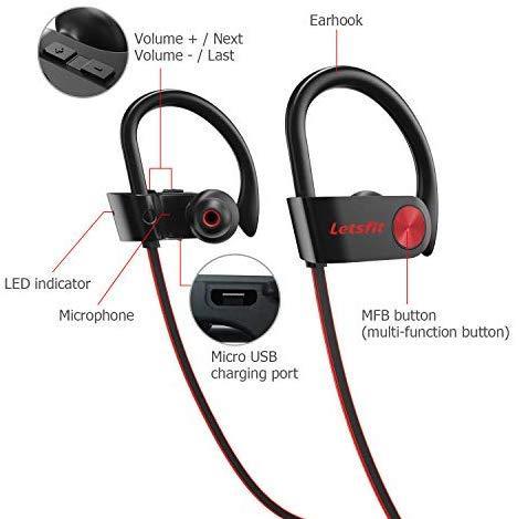 Bluetooth Headphones, Letsfit Wireless Headphones, IPX7 Waterproof Sports Earphones Gym Running, HD Stereo Headset w/Mic, 8 Hours Battery Noise Cancelling Bluetooth Earbuds