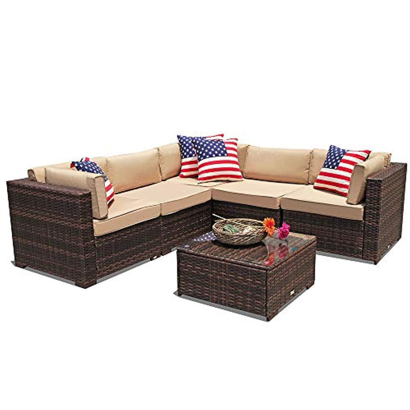 PATIOROMA Outdoor Furniture Sectional Sofa Set (6-Piece Set) All-Weather Brown PE Wicker with Beige Seat Cushions &Glass Coffee Table| Patio, Backyard, Pool| Steel Frame
