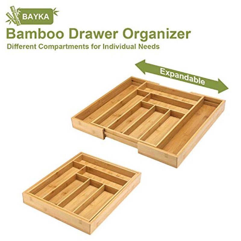 Kitchen Drawer Organizer, BAYKA Expandable Silverware Tray, 100% Pure Bamboo Drawer Dividers, Cutlery & Utensils & Flatware & Stationery Organizer with 4 Cushioning Pasters Fit Snugly into Any Drawer