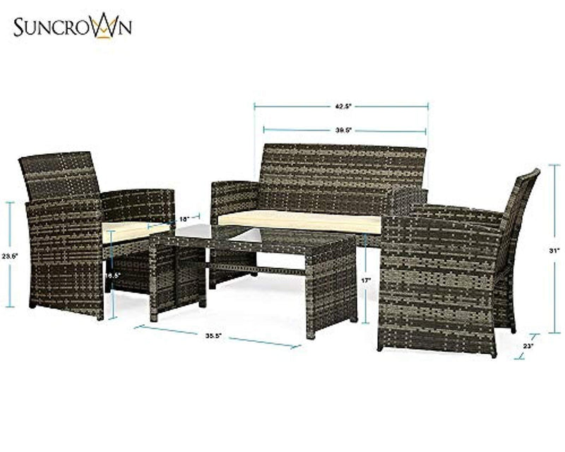 SUNCROWN Outdoor Patio Furniture Set, 4-Piece All-Weather Grey Wicker Conversation Set Glass Top Table & Thick, Durable Cushions Washable Covers