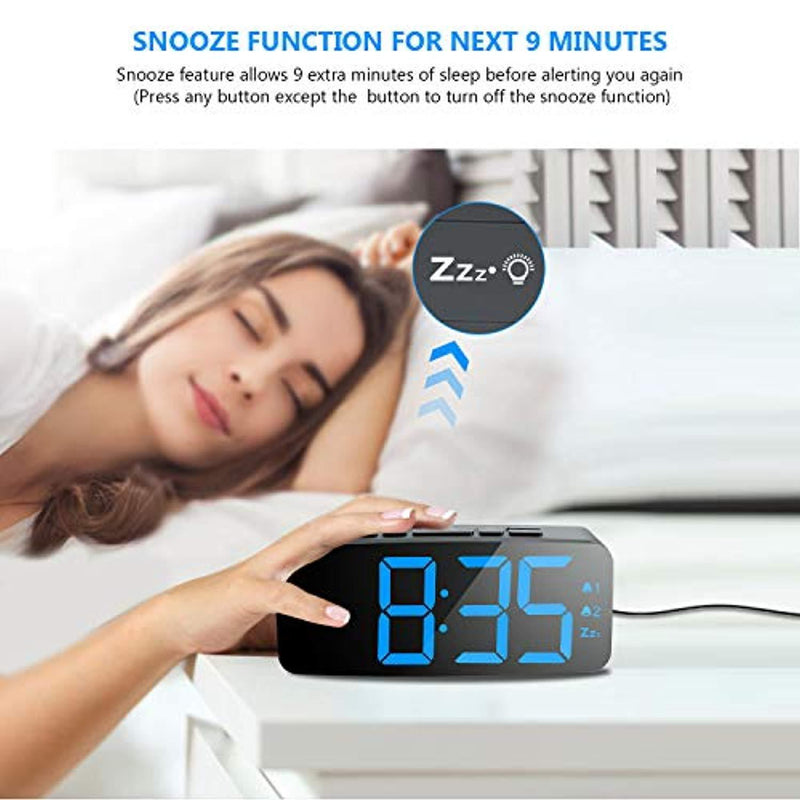 HAPTIME Digital Alarm Clock with FM Radio Dual-Alarm Snooze Large LED Display 12hr 24hr Format and Brightness Adjustable for Bedroom, Powered by USB Port and Backup Battery for Clock-Setting (Black)