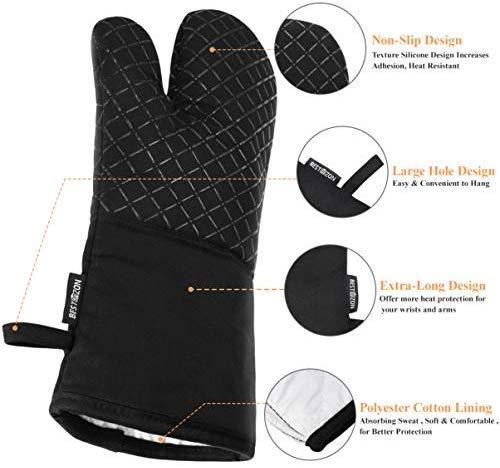 KeShi Kitchen Oven Mitts Set, Oven Mitts and Pot Holders, Heat Resistant with Quilted Cotton Lining, Non-Slip Surface 4 Pieces for Cooking, Baking, Grilling, Barbecue (Gray)