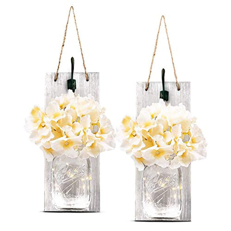 TEEHOME Rustic Hanging Mason Jar Sconces with LED Fairy Lights, Vintage Wrought Iron Hooks, Silk Hydrangea Flower LED Strip Lights Design Home Kitchen Decoration Set of 2