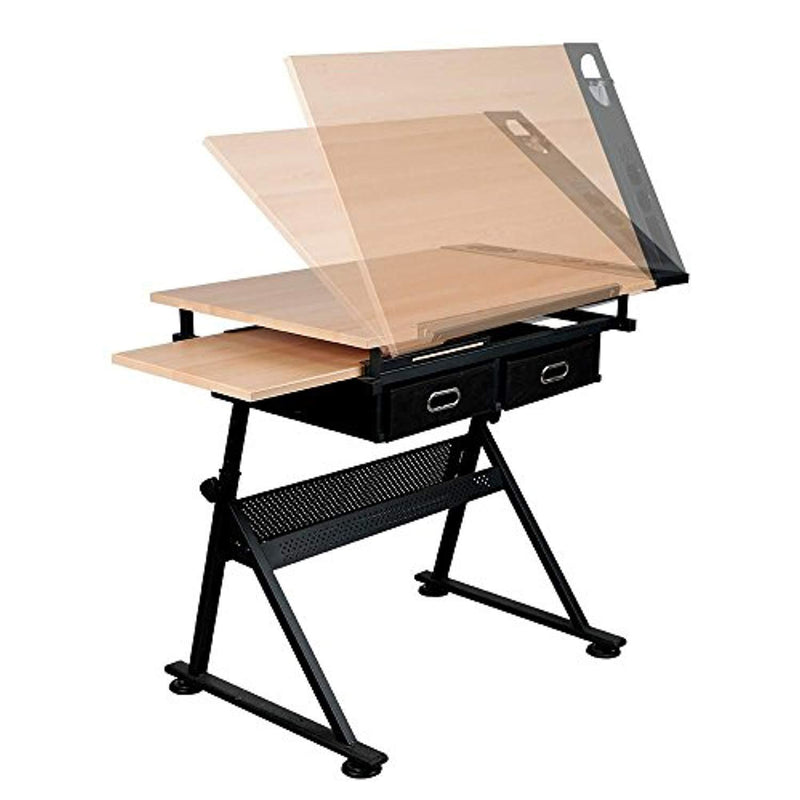 Yaheetech Height Adjustable Drafting Table Desk Drawing Table Desk with P2 Tiltable Tabletop, Stool and 2 Storage Drawers for Reading, Writing,Studying Art Craft Work Station