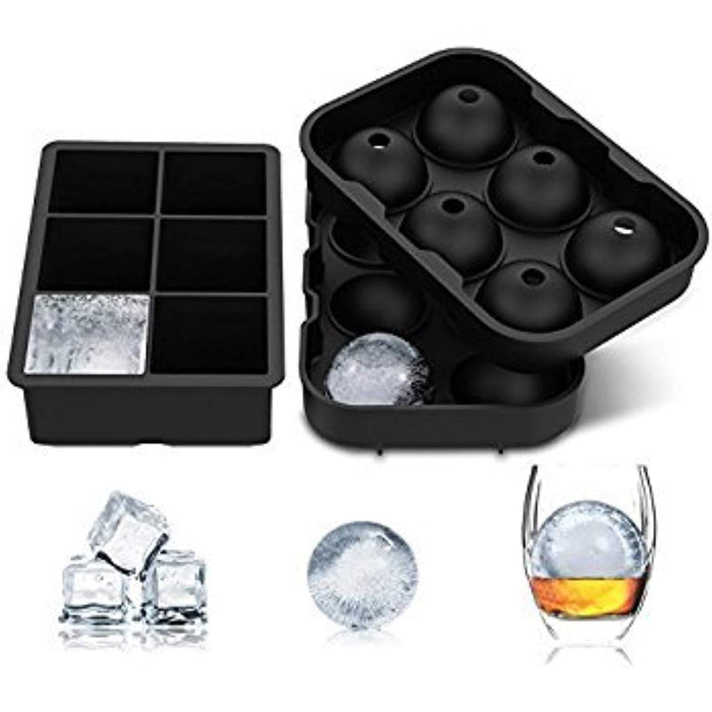 Charmed Ice Cube Trays Silicone Set of 2 - Sphere Round Ice Ball Maker & Large Square Ice Cube Mold for Chilling Bourbon Whiskey, Cocktail, Beverages and More (Black) (Sphere and Cube)