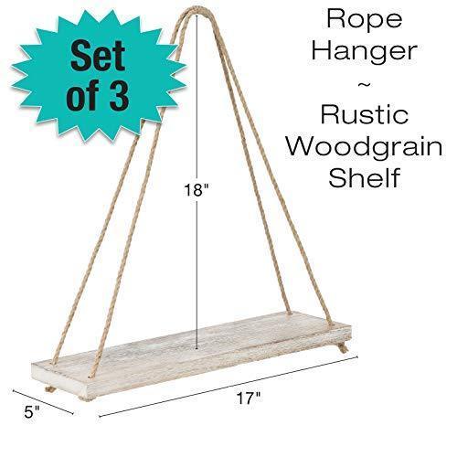 Rustic Distressed Wood Hanging Shelves: 17-Inch with Swing Rope Floating Shelves (Brown - Pack of 3)