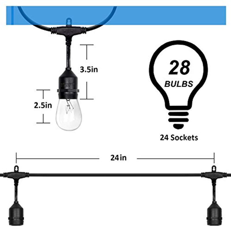 52 ft Outdoor String Lights Commercial Grade Weatherproof - 28pack 11W Incandescent Bulbs Included - UL Listed Heavy Duty - 24 Hanging Sockets - Perfect Patio Lights Bistro Market Cafe Lights