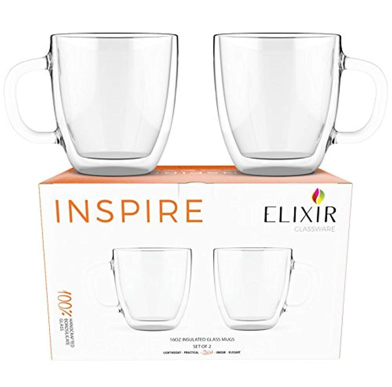 Large Coffee Mugs, Double Wall Glass Set of 2, 16 oz - Dishwasher & Microwave Safe - Clear, Unique & Insulated with Handle, By Elixir Glassware