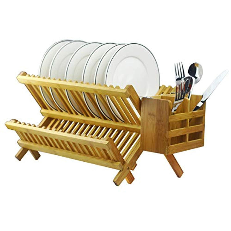 Bamboo Dish Rack 2-Tier Collapsible Drainer Folding Wooden Dish Drying rack with Utensils Flatware Holder set Home Cabinet, 18 Slots