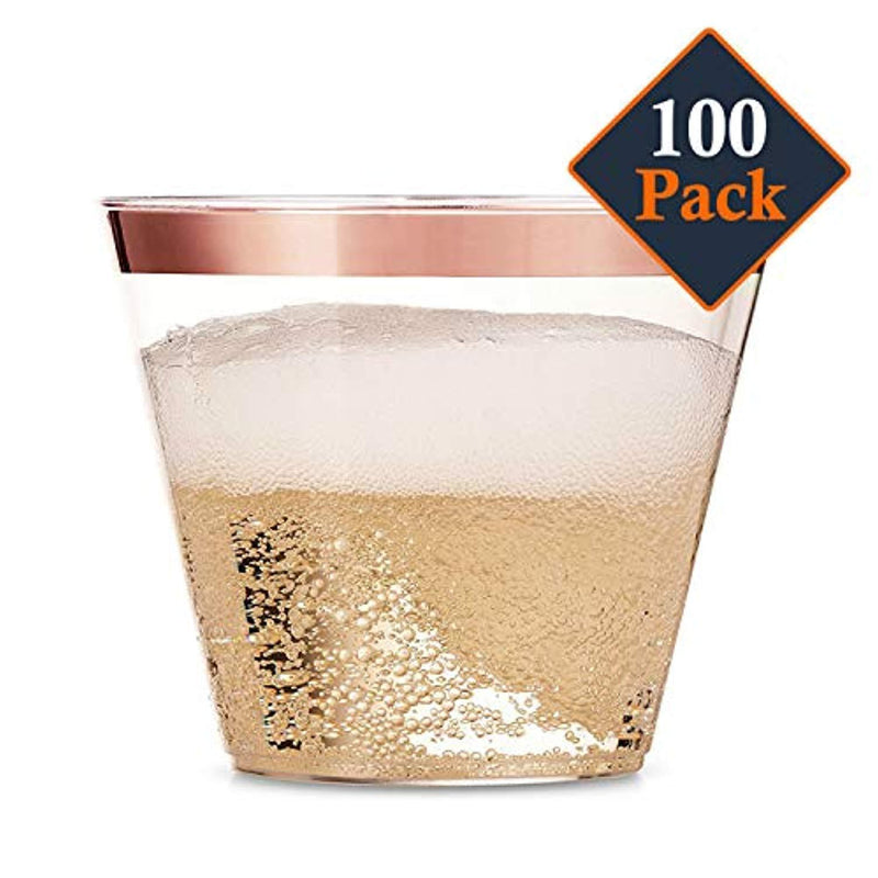 100 Rose Gold Plastic Cups - 9 Oz Disposable Decorations Rose Gold Cups - Party Drinking Glasses for Wedding, Baby & Bridal Shower, Engagement, Cocktail