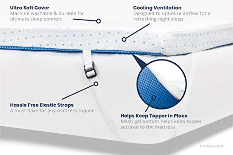 ViscoSoft 3-Inch 3.5 lbs. Density Gel Memory Foam Mattress Topper (Cal King) – Includes Ultra Soft Removable Cover with Adjustable Straps
