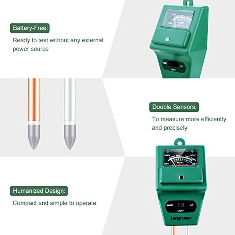 Longruner Soil Moisture PH Meter, 3-in-1 Plant Moisture Sensor Meter/Light/PH Tester for Home, Garden, Lawn, Farm, Indoor/Outdoor(No Battery Needed) LKP03