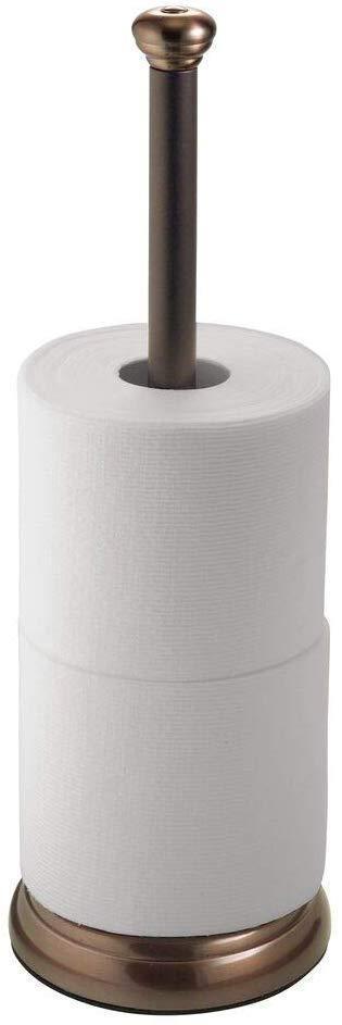 mDesign Decorative Metal Free-Standing Toilet Paper Holder Stand with Storage for 3 Rolls of Toilet Tissue - for Bathroom/Powder Room - Holds Mega Rolls - Satin