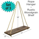 Rustic Distressed Wood Hanging Shelves: 17-Inch with Swing Rope Floating Shelves (Brown - Pack of 3)