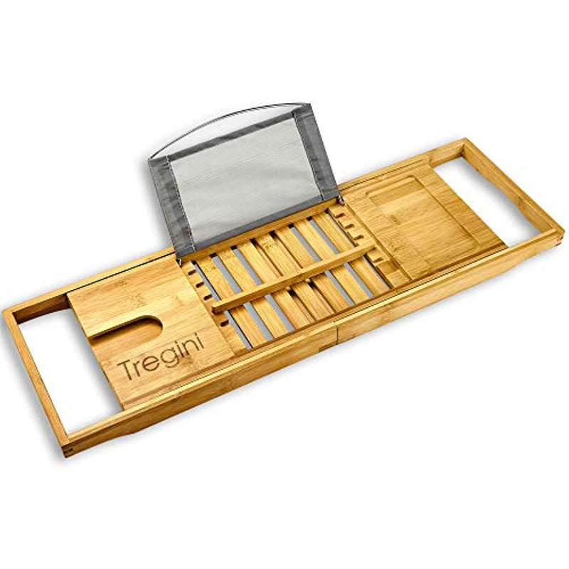 Tregini Luxury Bathtub Caddy - Extendable Bamboo Wood Bath Tray with Adjustable Book, iPad or Kindle Reading Rack - Wine Glass Holder - Cellphone or Tablet Slot