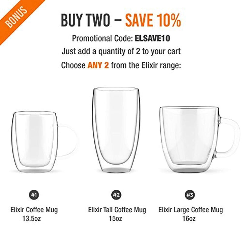 Large Coffee Mugs, Double Wall Glass Set of 2, 16 oz - Dishwasher & Microwave Safe - Clear, Unique & Insulated with Handle, By Elixir Glassware