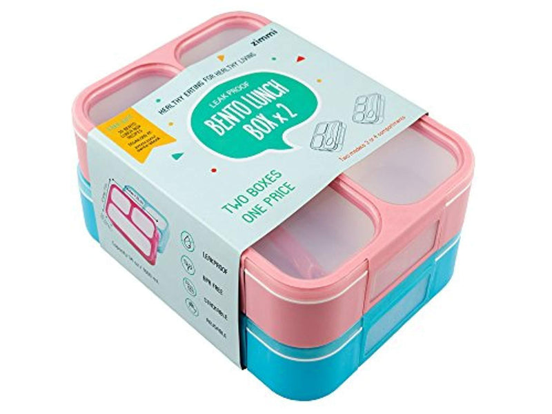 Zimmi Lunch Box Set of 2 Leakproof Lunch Containers, Pink Blue, 3-4 Insulated Compartments, Lightweight Bento Lunch Boxes for Kids Adults Athletes, Fit for Meal Prep, Snacks, Portion Control