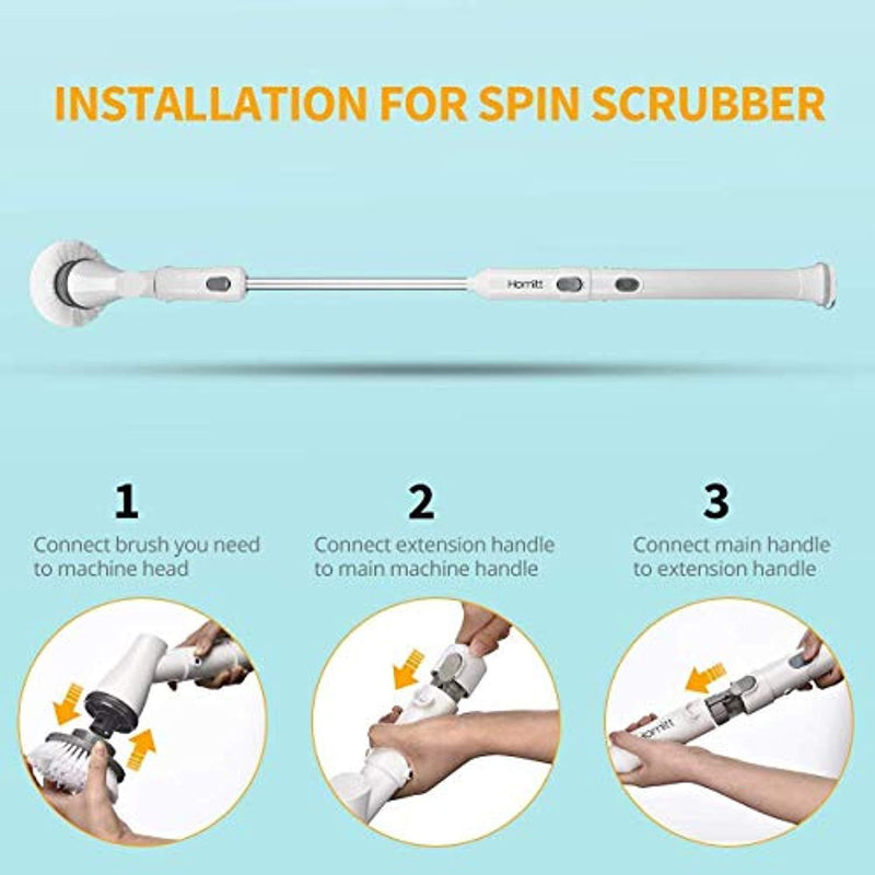Homitt Power Spin Scrubber, Cordless Tub and Tile Electric Scrubber with 3 Replaceable Cleaning Scrubber Brush Heads, 1 Extension Arm and Adapter for Bathroom, Floor, Wall and Kitchen