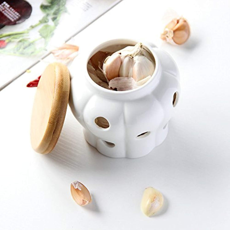 White Stoneware Garlic Keeper with Bamboo Lid and 12 Air Vent