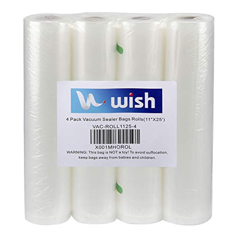 Vacuum Sealer Bags(4-Pack), WISH 11”X25’ Fits Inside Machine Heavy Duty Embossed Food Storage Saver Bag Rolls Suit for Sous Vide and FoodSaver (100 Feet Total) by Wish