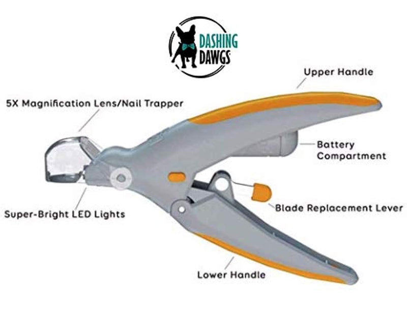 Dashing Dawgs Professional Illuminated Pet Nail Clipper Dogs/Cats Features LED Light, 5X Magnification Nail Trapper