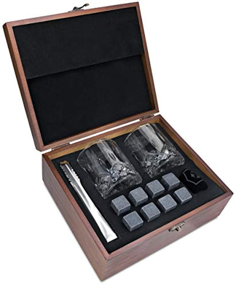 Whiskey Glass Stones Large Gift Box Set of 2 Whisky Bourbon Glasses 8 Scotch Granite Rock Wiskey Rocks & Metal Ice Tongs - Alcohol Liquor Wine Shot Tumbler Bar Kit - Christmas Gifts Sets Present Boxes