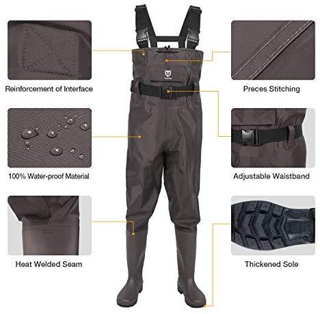 TIDEWE Bootfoot Chest Wader, 2-Ply Nylon/PVC Waterproof Fishing & Hunting Waders for Men and Women (Green and Brown)