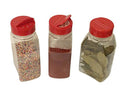 Spice Jars - 16 oz. clear plastic spice containers with shaker red two sided flip tops lids shaking sifter spoon caps - 6 sets - plus 2 mini spoons and 6 White indicating labels