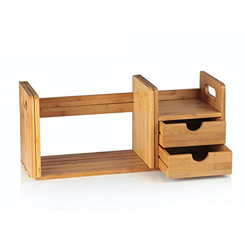 Natural Bamboo Desk Organizer with Extendable Storage and Two Drawers for Office and Home, Expandable Desk Tidy Bamboo Bookshelf