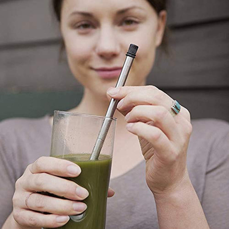Green Straw Collapsible Stainless Steel Straws with Case – Reusable & Eco-Friendly Metal Straws In Portable Keychain Straw Carrying Case w/Cleaning Brush (Green)