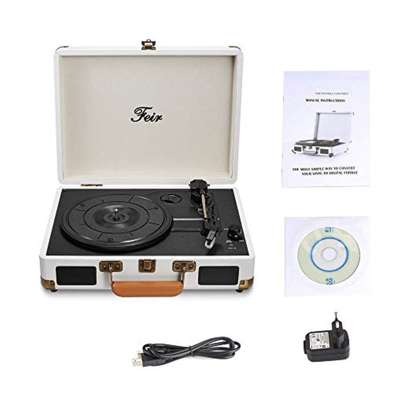 Vinyl Stereo White Record Player 3 Speed Portable Turntable Suitcase Built in 2 Speakers RCA Line Out AUX Headphone Jack PC Recorder