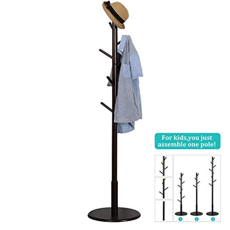 Vlush Sturdy Wooden Coat Rack Stand, Entryway Hall Tree Coat Tree with Solid Round Base for Hat,Clothes,Purse,Scarves,Handbags,Umbrella-(8 Hooks,Dark Brown)