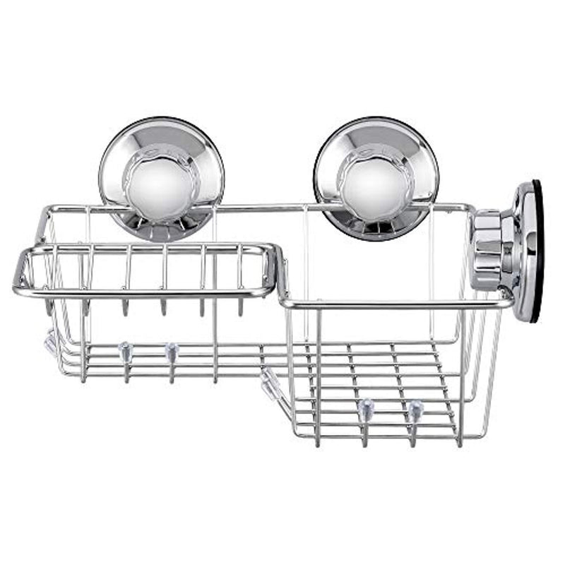 iPEGTOP Suction Cup Corner Shower Caddy Bath Shelf - Combo Organizer Basket Holder with Soap Dish and 8 Hooks - Rustproof Stainless Steel for Bathroom Storage