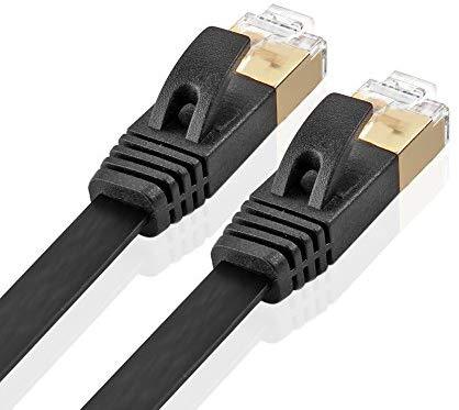 TNP Cat7 Shielded Ethernet Flat Patch Network Cable 33 ft - 10Gbps 600Mhz High Performance with Snagless RJ45 Connectors Gold Plated Plug S/STP Wires Networking Cable Wiring Black